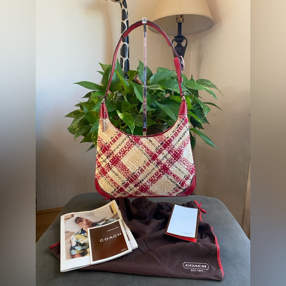 COACH Vintage Y2K Faylyn Tweed Plaid Shoulder Bag, Red Leather Trim, RARE!
SMALL